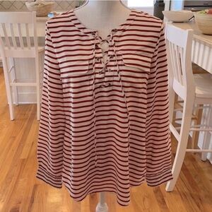 Umgee Cream and Red Striped Lace-Up Long Sleeve Top